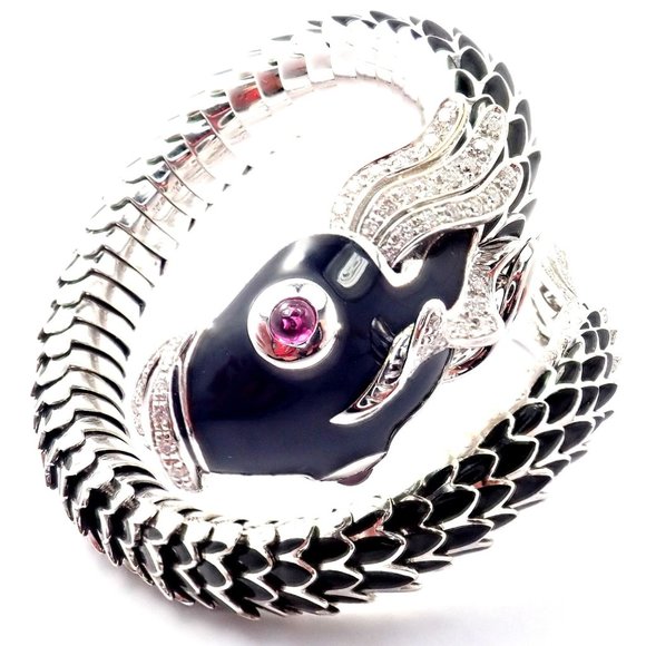 Authentic! Roberto Coin Nemo 18k White Gold Diamond Ruby Enamel Cuff Bracelet - Picture 1 of 12